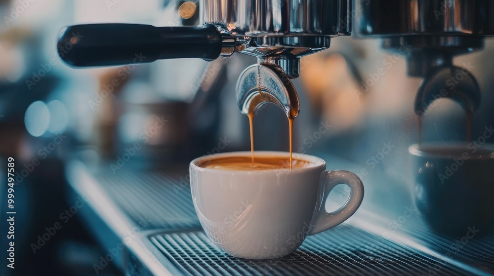Close up of espresso being poured from a coffee machine into a cup at a cafe Close up of espresso being poured from a coffee machine into a cup at a cafe