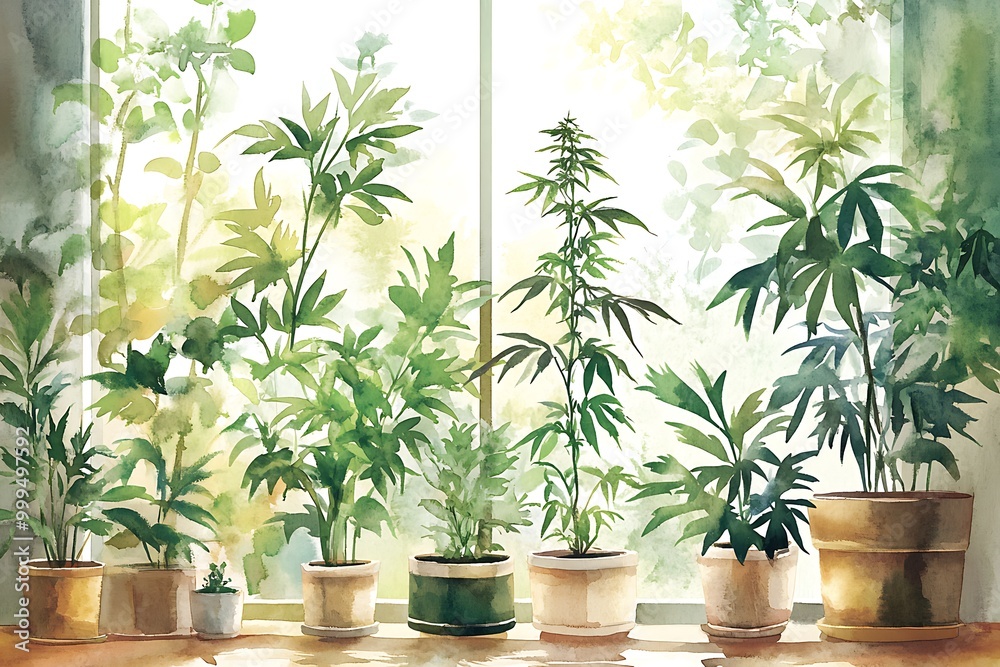 Watercolor Painting of Potted Plants in a Window. Watercolor Painting of Potted Plants in a Window.