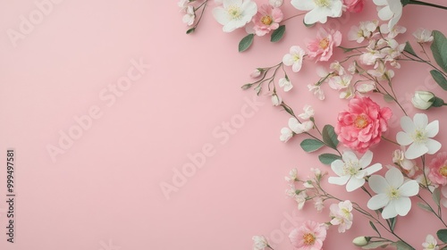 Floral banner on a soft pink backdrop Versatile greeting card design suitable for weddings Mother s Day or celebrating women Spring themed composition with ample blank space Flat lay perspective