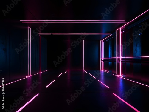 A room with a wall of neon lights