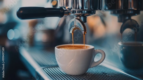 Close up of espresso being poured from a coffee machine into a cup at a cafe