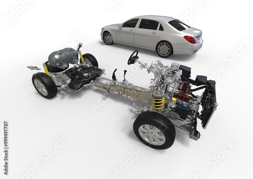 3D rendering image representing development of  a car with the mechanical parts outside of the body