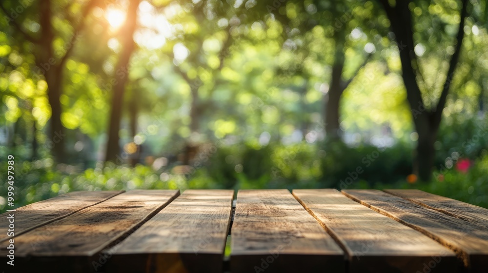 Wooden table with a blurred garden background featuring trees High quality image Wooden table with a blurred garden background featuring trees High quality image
