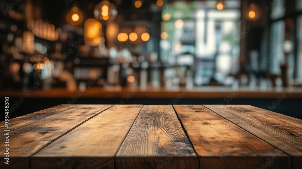 Wooden table in focus with a blurred coffee shop backdrop and bokeh effect Wooden table in focus with a blurred coffee shop backdrop and bokeh effect