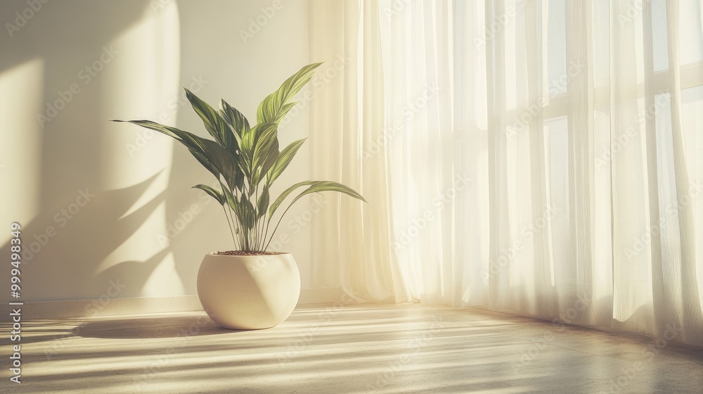 Luminous and tranquil space showcasing a potted plant set against a minimalist backdrop with soft curtains ideal for enhancing interior decor Luminous and tranquil space showcasing a potted plant set against a minimalist backdrop with soft curtains ideal for enhancing interior decor