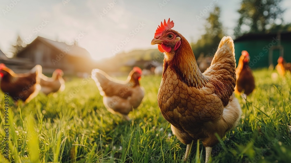 Fototapeta premium Chickens in the natural environment with a low angle perspective on a farm