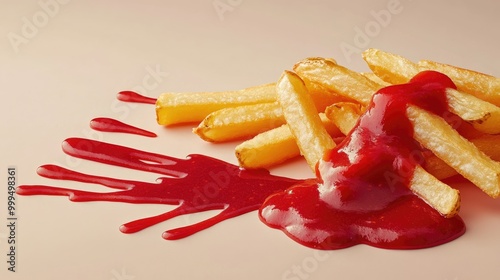 Tomato ketchup cascading over crispy French fries isolated on a clean background photo