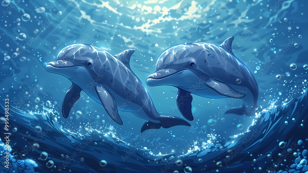 Naklejka premium Playful Dolphins Swimming in Crystal Clear Water