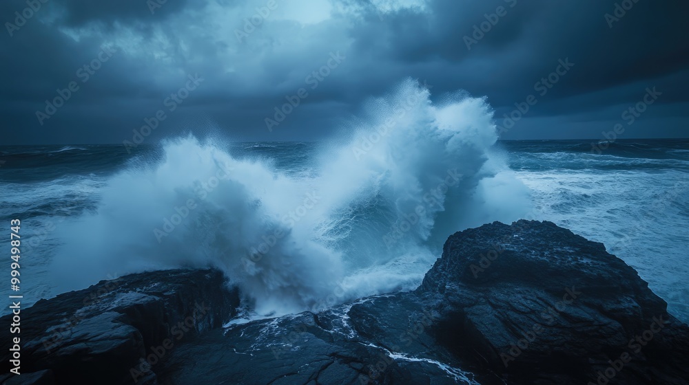 Fototapeta premium Dramatic waves crashing against a rugged rocky shoreline A powerful ocean storm with surf crests showcases the relentless energy of the sea at dusk