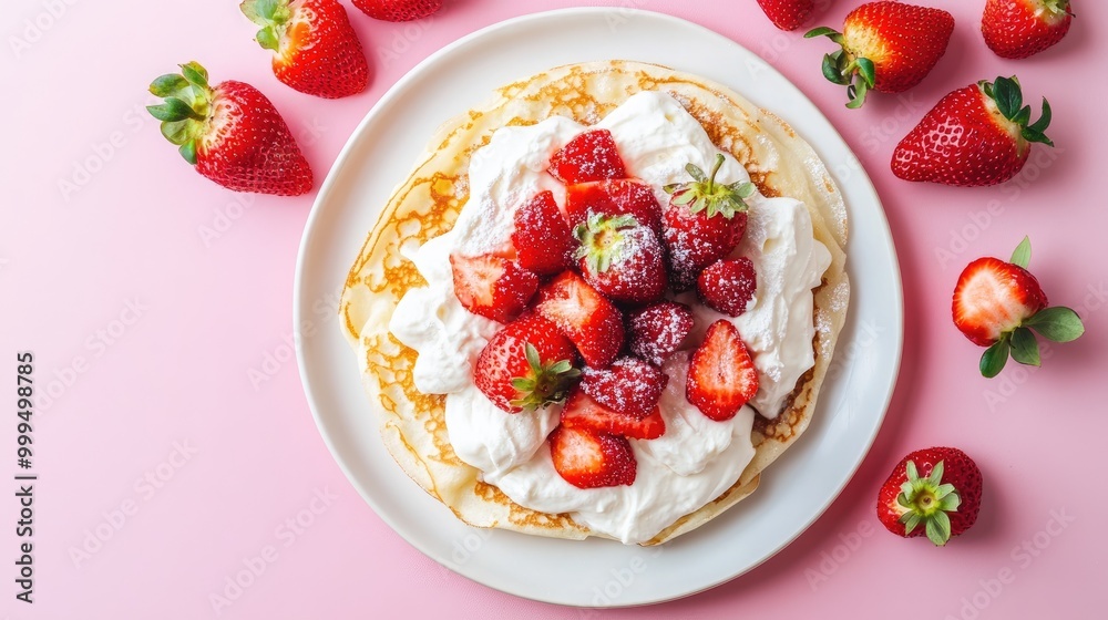 Aerial view of a crepe topped with cream and fresh strawberries on a pink backdrop Aerial view of a crepe topped with cream and fresh strawberries on a pink backdrop