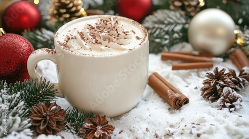 Festive arrangement featuring a cup of hot chocolate and seasonal decorations