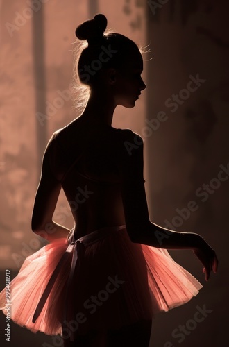 A dramatic silhouette of a ballerina in a tulle skirt, posed against a warm, backlit background.