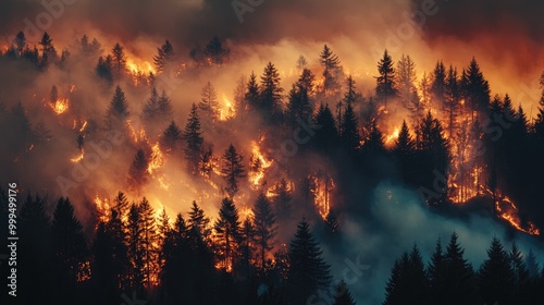 Foggy forest consumed by wildfire flames at dusk highlighting nature s power and the profound effects of fires on ecosystems photo