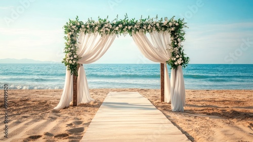 Contemporary wedding arch set up on a sandy beach