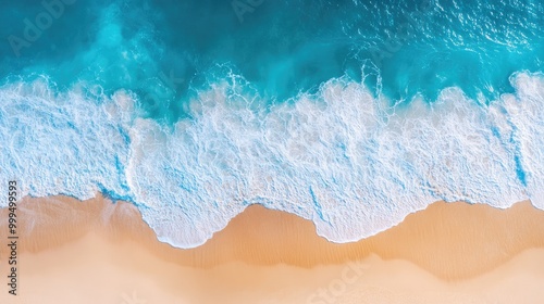 Aerial perspective of a tropical beach showcasing soft waves lapping the shore where the sea meets the coastline featuring shades of blue and a pristine sandy expanse under sunlight