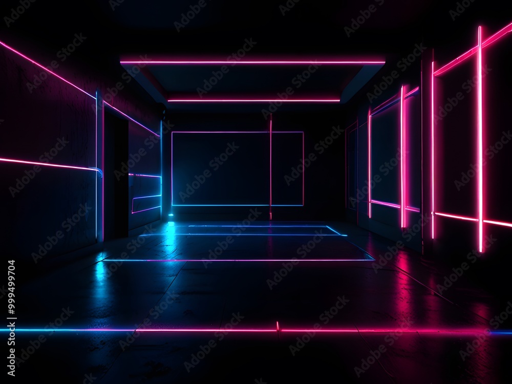 A room with a wall of neon lights. A room with a wall of neon lights.