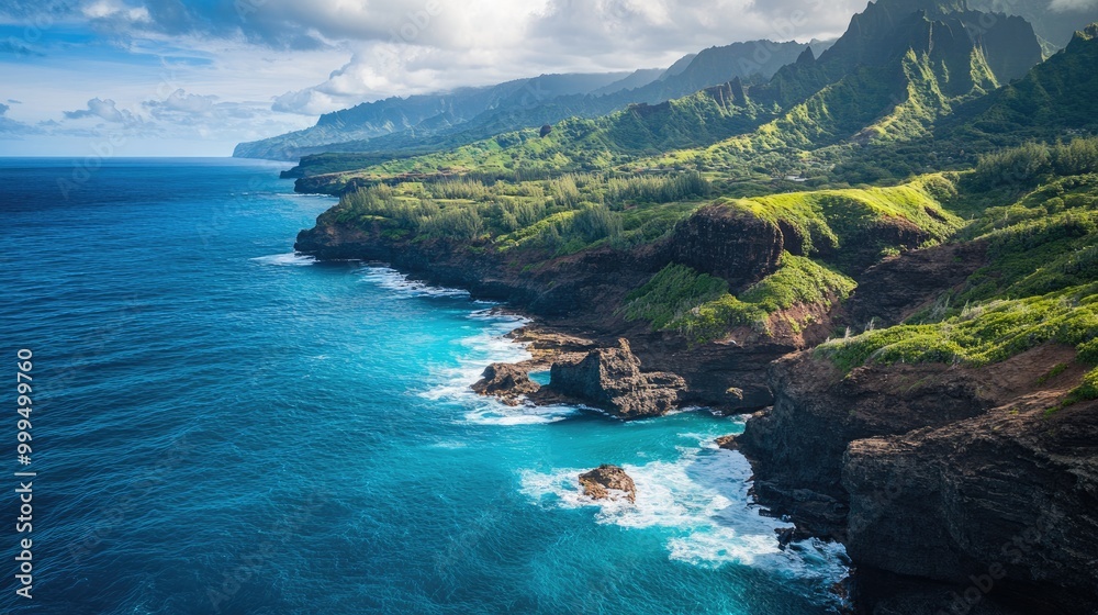 Fototapeta premium Aerial perspective of a rugged coastline along the ocean