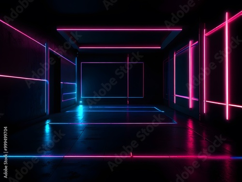 A room with a wall of neon lights.