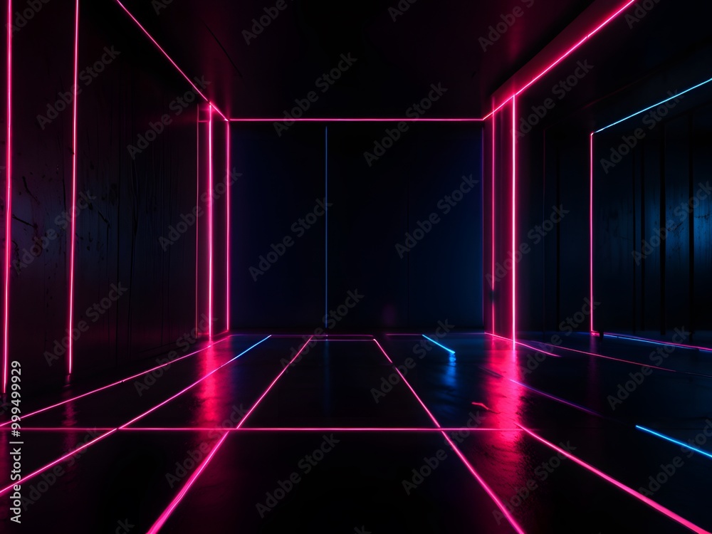 A room with a wall of neon lights. A room with a wall of neon lights.