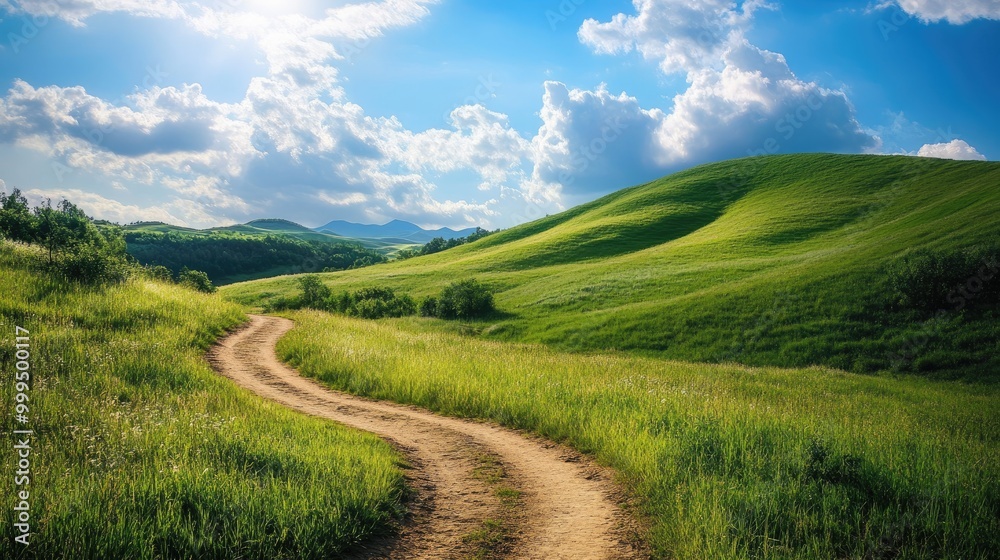 Curving dirt path meandering through lush green hills on a sunny summer day in a rural landscape Curving dirt path meandering through lush green hills on a sunny summer day in a rural landscape
