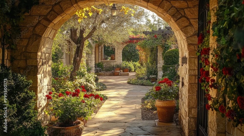 Fototapeta premium A stunning garden featuring a stone archway that opens up to a charming courtyard