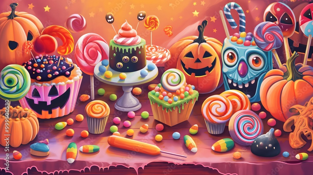 Fototapeta premium Delightful Halloween pumpkin cake, adorned with festive candles and sweet treats, perfect for a spooky celebration!