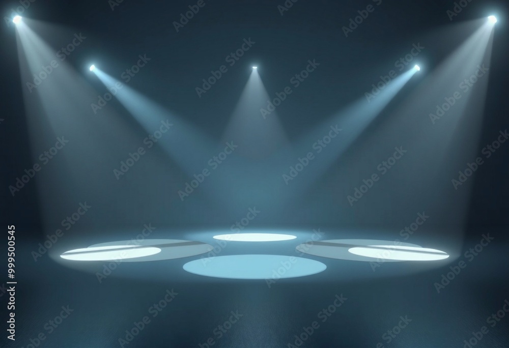 Blue, Circular, Spotlights Illuminate Dark Background. Blue, Circular, Spotlights Illuminate Dark Background.