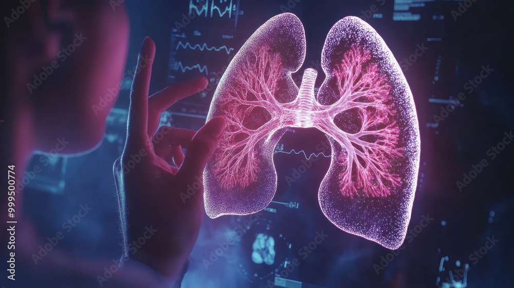 Futuristic Medical Technology Concept with Digital Visualization of Human Lungs and Advanced Data Interface