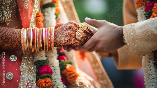 Couple holding hands during traditional wedding ceremony with vibrant attire.