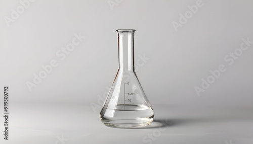 Florence flask with liquid on white background. Chemistry glassware