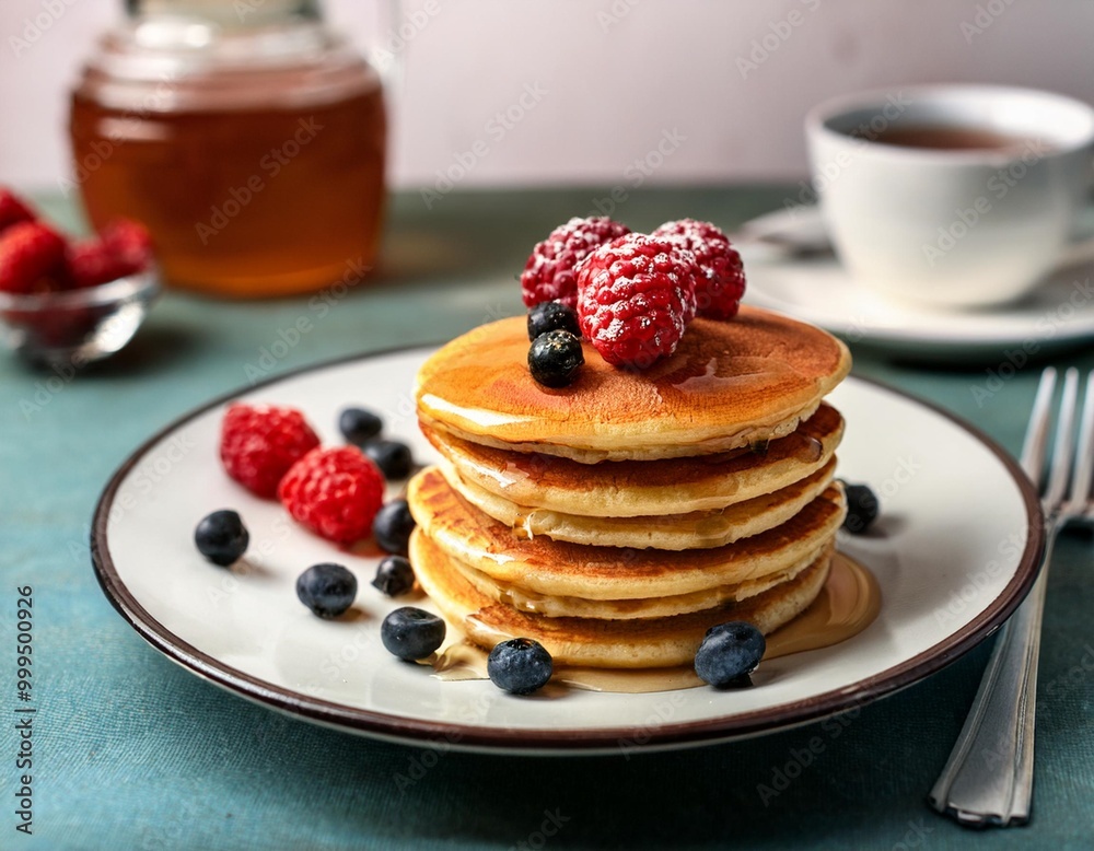 Delicious breakfast pancakes with depth of field showcasing fluffy textures and sweet toppings Delicious breakfast pancakes with depth of field showcasing fluffy textures and sweet toppings