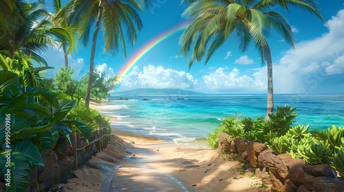 Rainbow Over Tropical Beach with Palm Trees