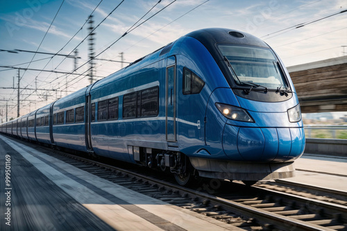 A blue train is on the tracks, moving quickly. The train is surrounded by a clear blue sky, and the train is the main focus of the image