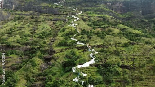 landscape in the mountains, white roaf stairs on mountain, view from air with drone camera. photo