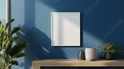 Blank Picture Frame Mockup on Blue Wall with Decor