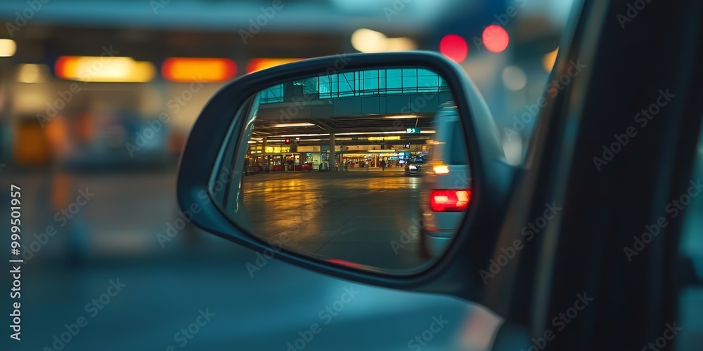 a shuttle driver's mirror reflecting the airport terminal as the shuttle approaches