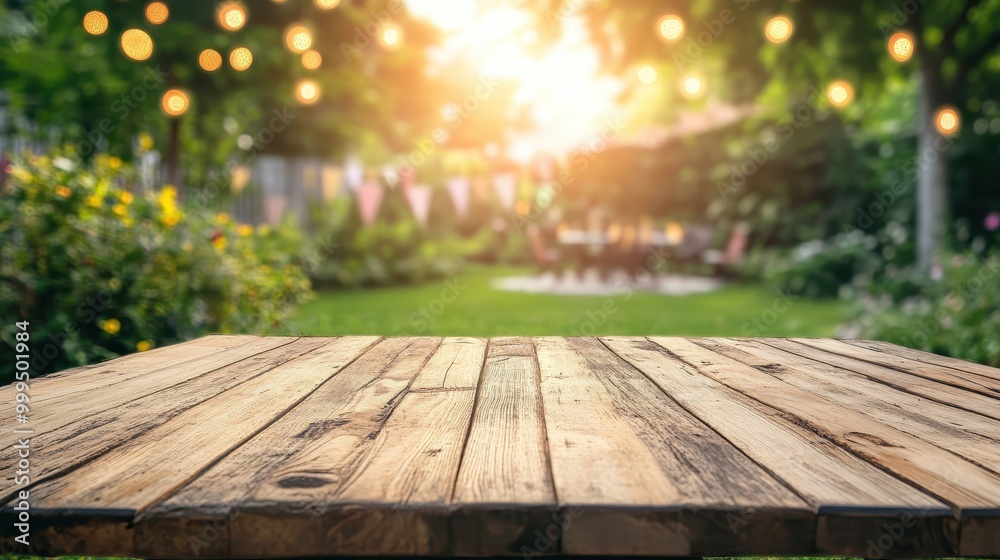 Rustic Wooden Table in a Sunlit Garden with String Lights and Bokeh Effect, Perfect for Outdoor Gatherings Rustic Wooden Table in a Sunlit Garden with String Lights and Bokeh Effect, Perfect for Outdoor Gatherings