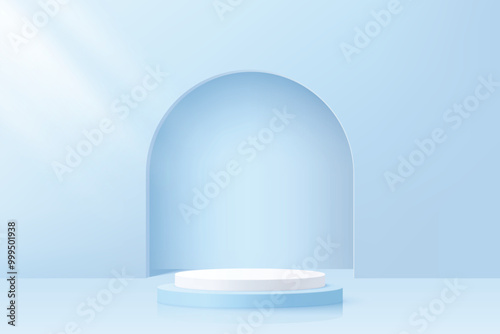 3d blue and white cylinder pedestal podium with minimal blue studio room for cosmetics or baby product display, vector illustration.