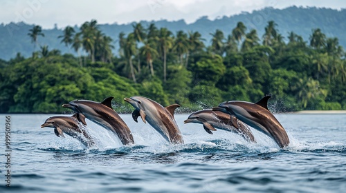 A pod of dolphins leaps from the water in a playful display, with a tropical island backdrop.