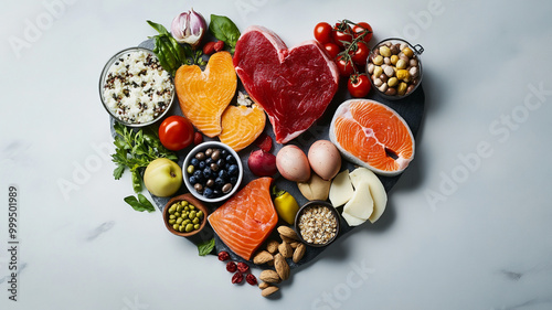 Heart-shaped arrangement of healthy foods on a marble surface showcasing nutrition and love