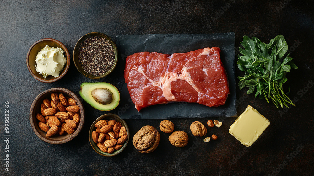 Fresh ingredients for a healthy meal featuring meat, nuts, avocado, and greens on a dark surface