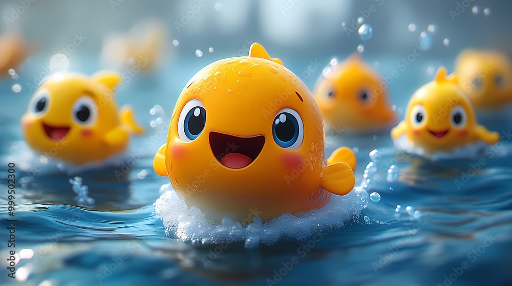 Group of Smiley Yellow Rubber Ducks in Water Group of Smiley Yellow Rubber Ducks in Water