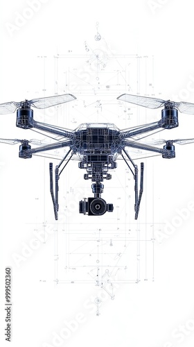 Drone schematic with blue and white colors on a white background.