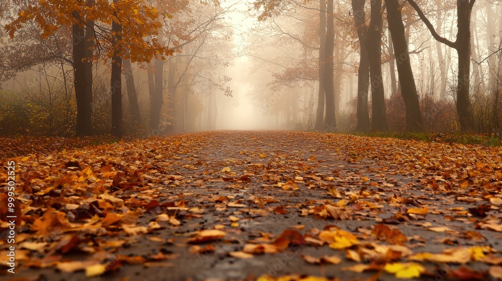 Obraz premium A foggy autumn morning with golden leaves covering the ground and a lone path stretching into the distance