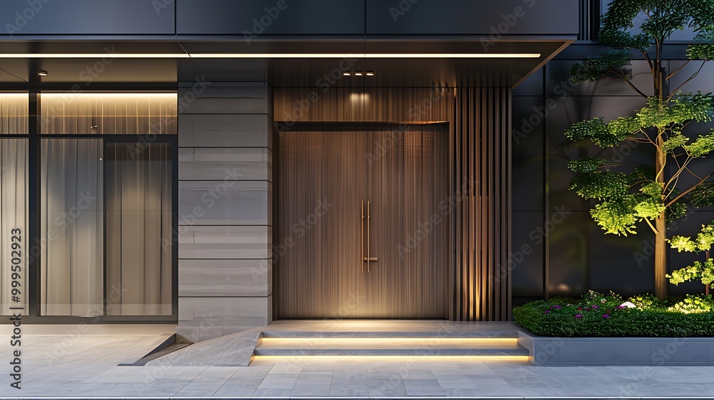 The entrance of a modern residential complex featuring a wooden door and a night view