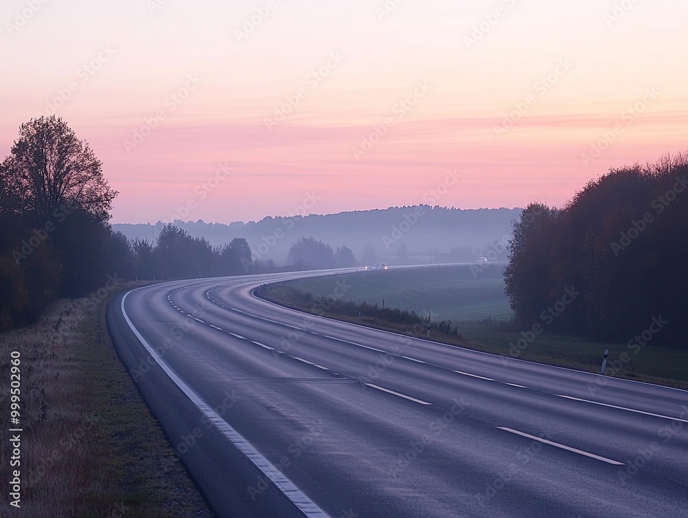 A quiet, empty highway in the early morning, the road bathed in soft dawn light A quiet, empty highway in the early morning, the road bathed in soft dawn light
