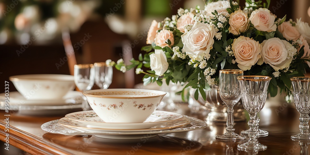 Elegant Table Setting with Rose Bouquet, Fine China, and Crystal Glasses. Elegant Table Setting with Rose Bouquet, Fine China, and Crystal Glasses.