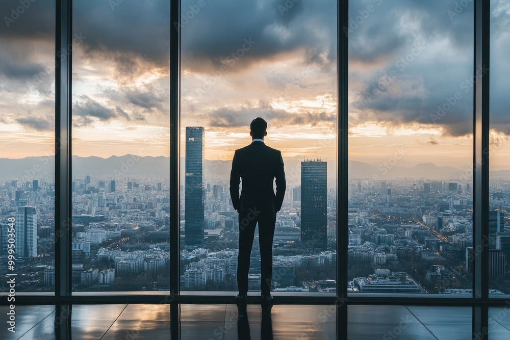 Businessman in a suit, standing in a high-rise office building with a view of the city Businessman in a suit, standing in a high-rise office building with a view of the city