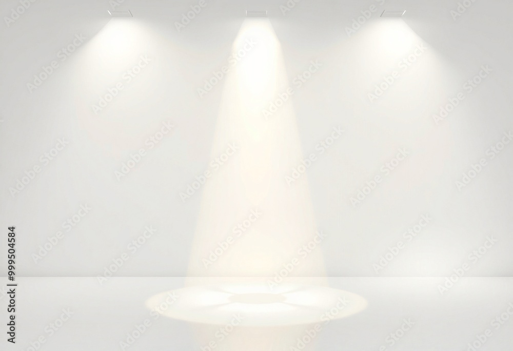 White studio room with three spotlights and a white floor. White studio room with three spotlights and a white floor.