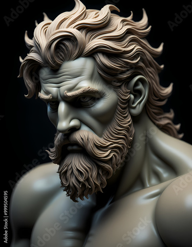 A close-up of a glamour sculpture of a man. It is a muscular mythical hero with a complex design and many details